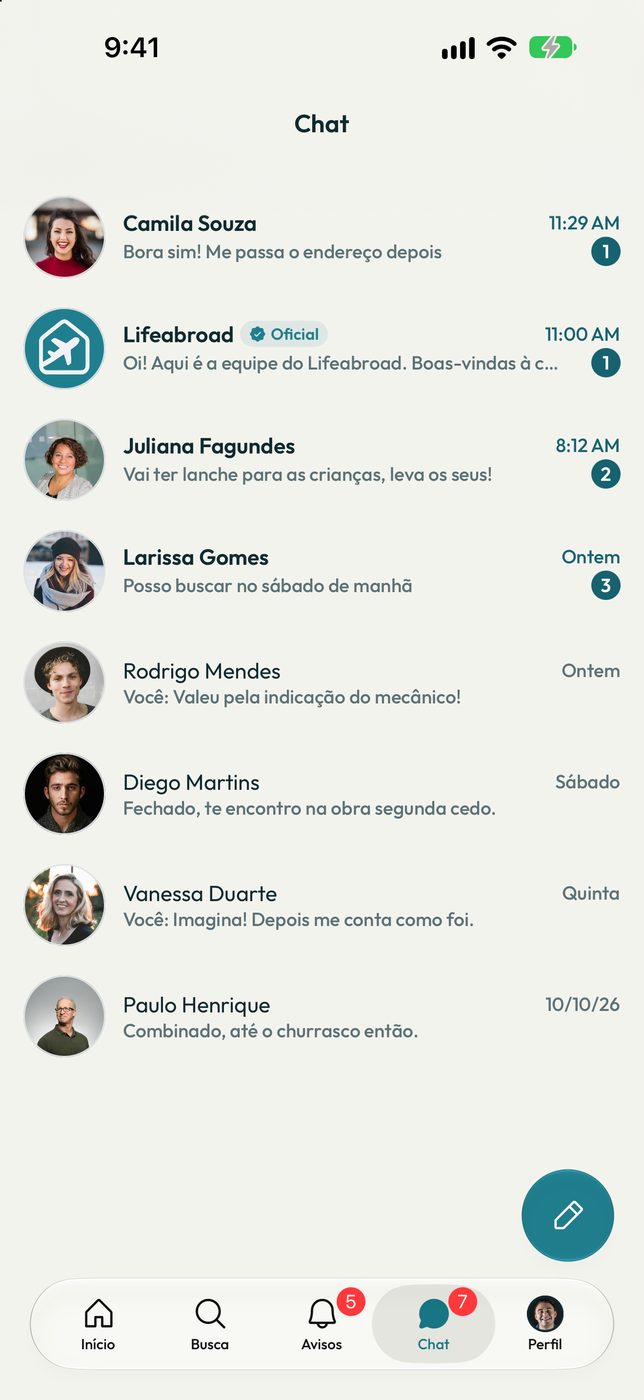 Caixa de entrada do Chat no app, com conversas de Camila Souza, Juliana Fagundes, Larissa Gomes e outras pessoas da região