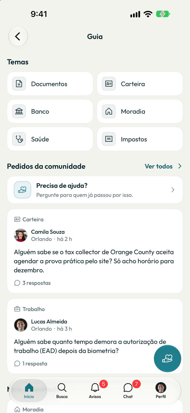 Tela do Guia no app: temas como Documentos, Banco, Moradia e Impostos, e os pedidos de ajuda da comunidade
