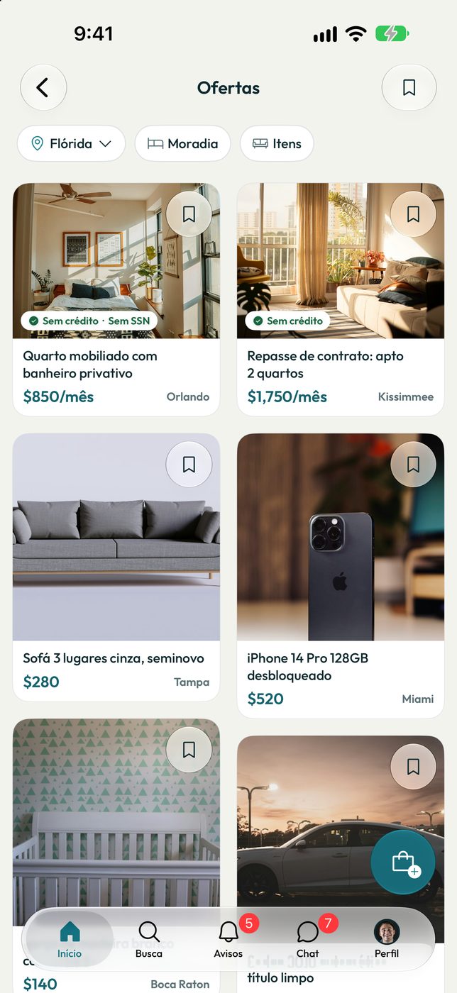 Ofertas no app: quarto mobiliado em Orlando, repasse de apartamento em Kissimmee, sofá em Tampa e iPhone em Miami