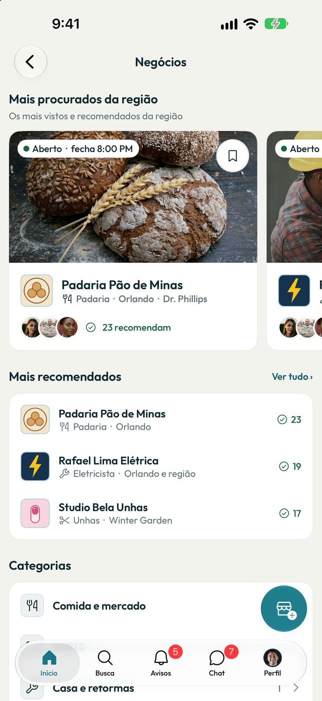 Tela de Negócios no app: Padaria Pão de Minas em Orlando entre os mais procurados e os mais recomendados da região